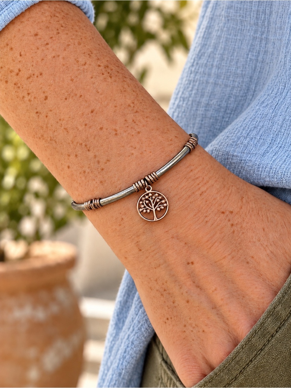 Stella & Dot Two-Tone Tree of Life Bracelet – Mixed Metal Boho Bangle